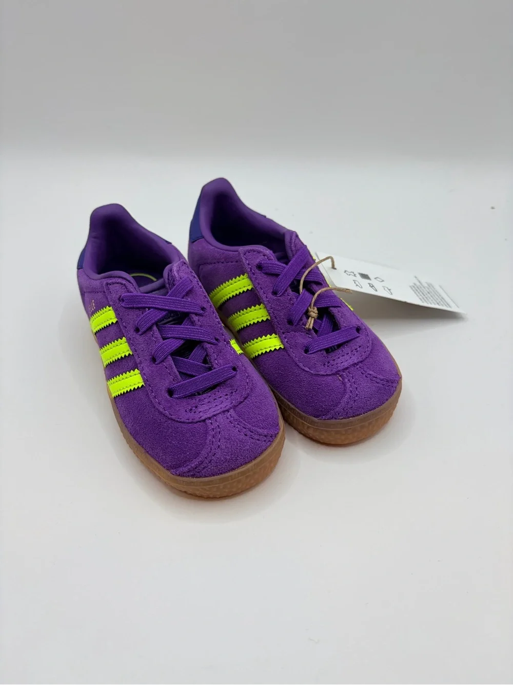 adidas Kids Gazelle CF EL I Purple Suede Sneakers with Neon Yellow Stripes